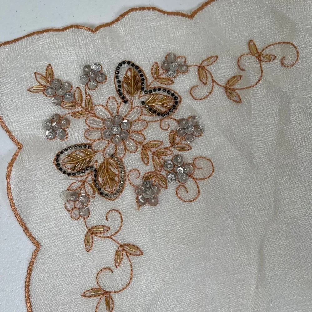 Vintage Set of 3 Hand Embroidered Beaded Floral Handkerchiefs 50s 60s Scalloped‎